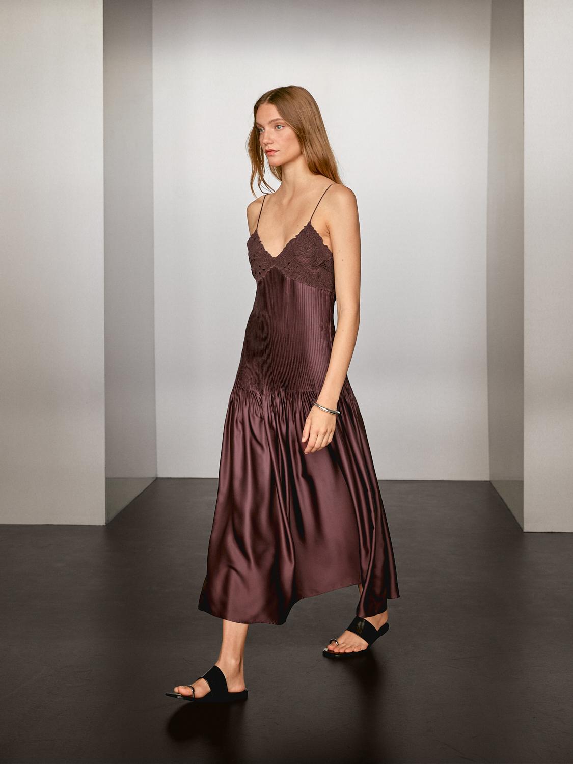 Flowing satin midi dress with straps