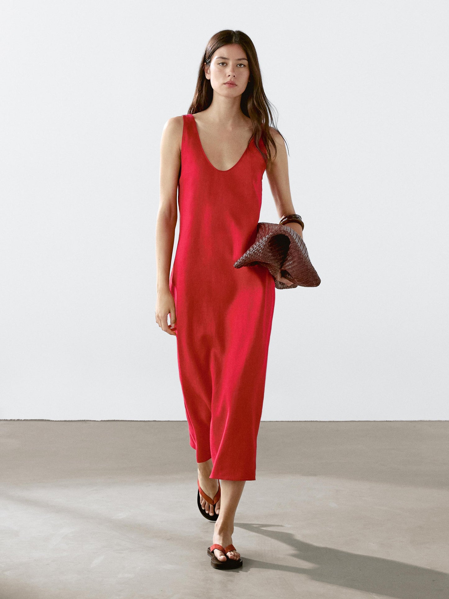 100% linen round neck midi dress