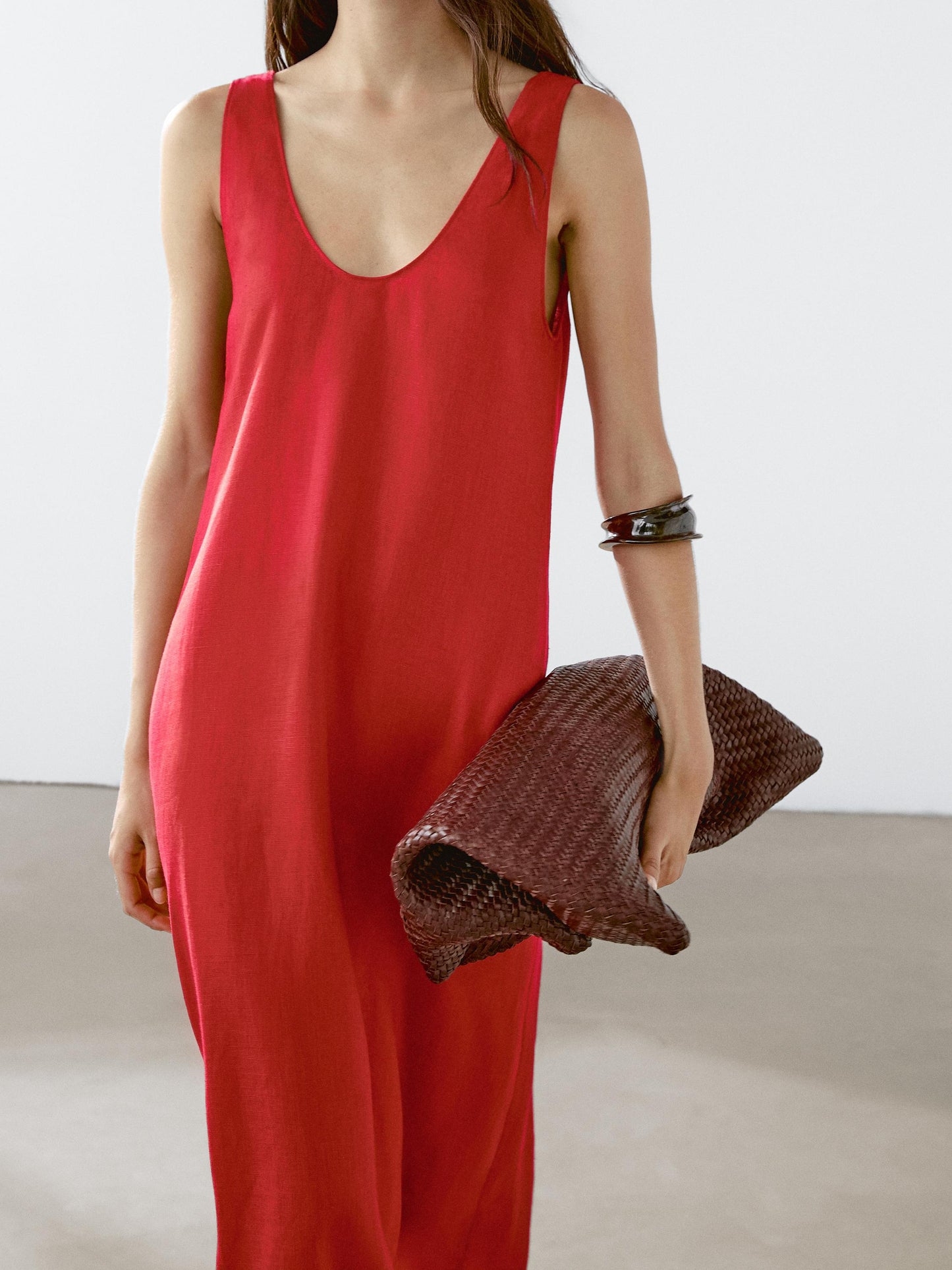 100% linen round neck midi dress