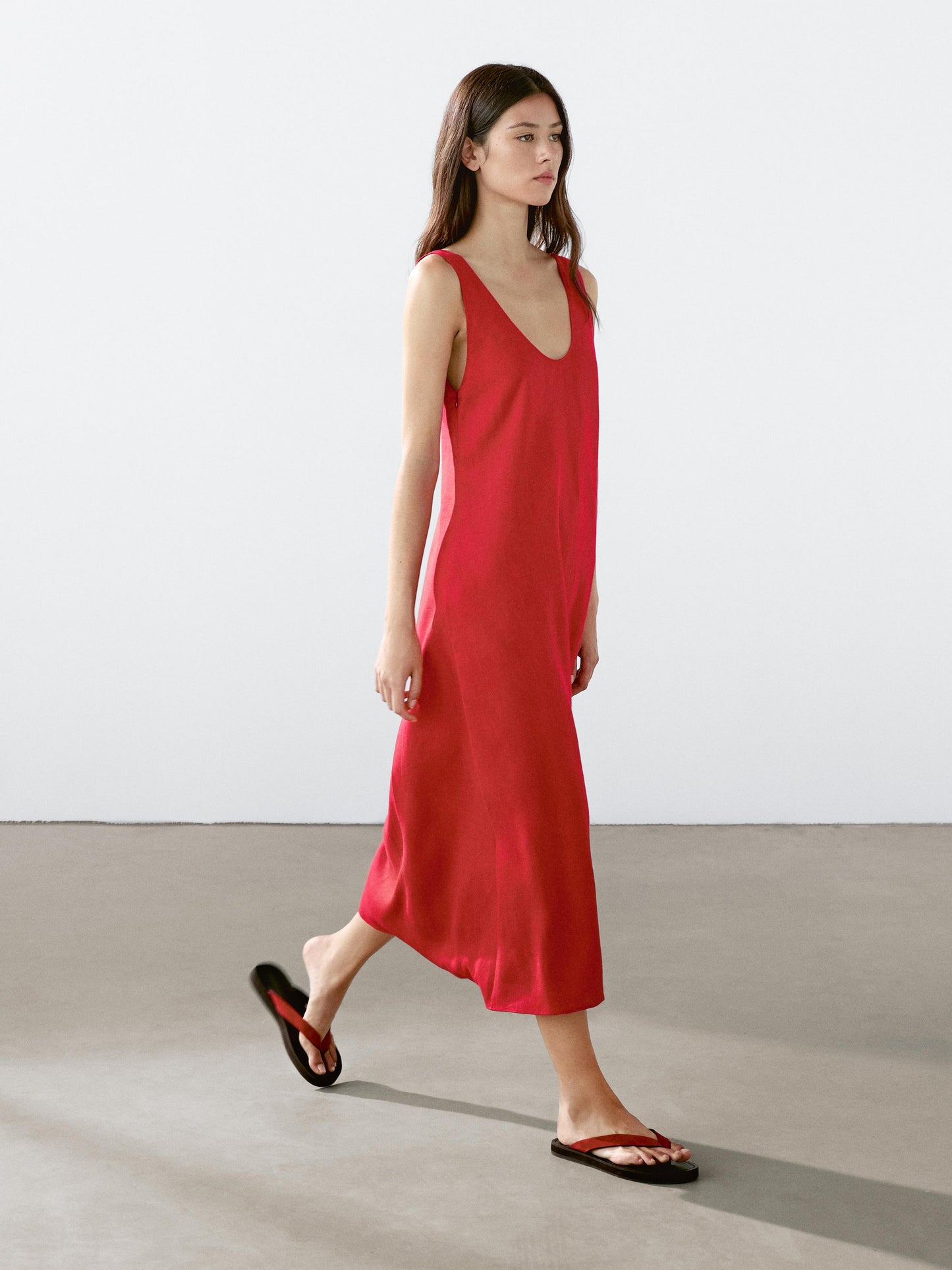 100% linen round neck midi dress