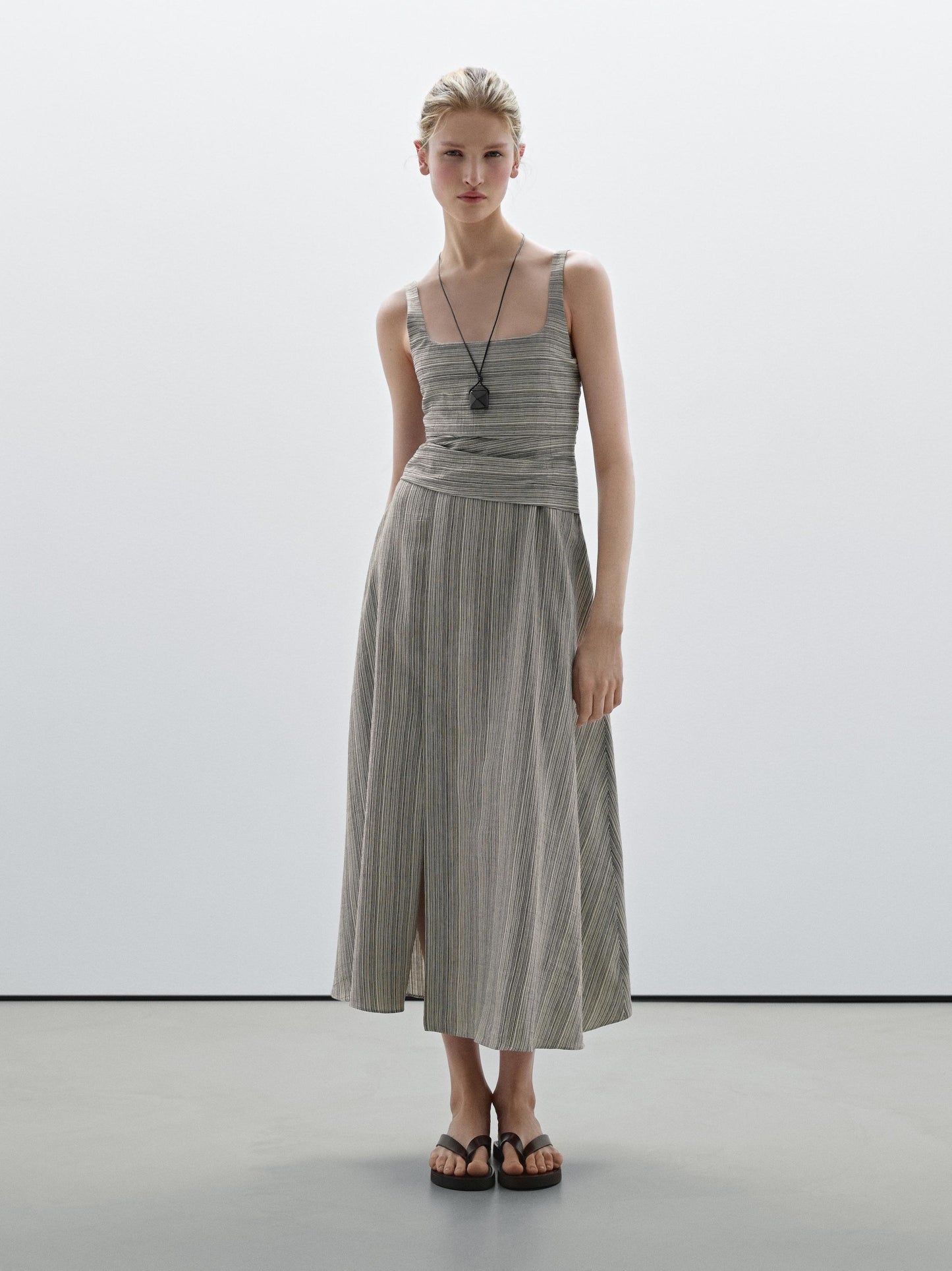 Striped flounce midi dress
