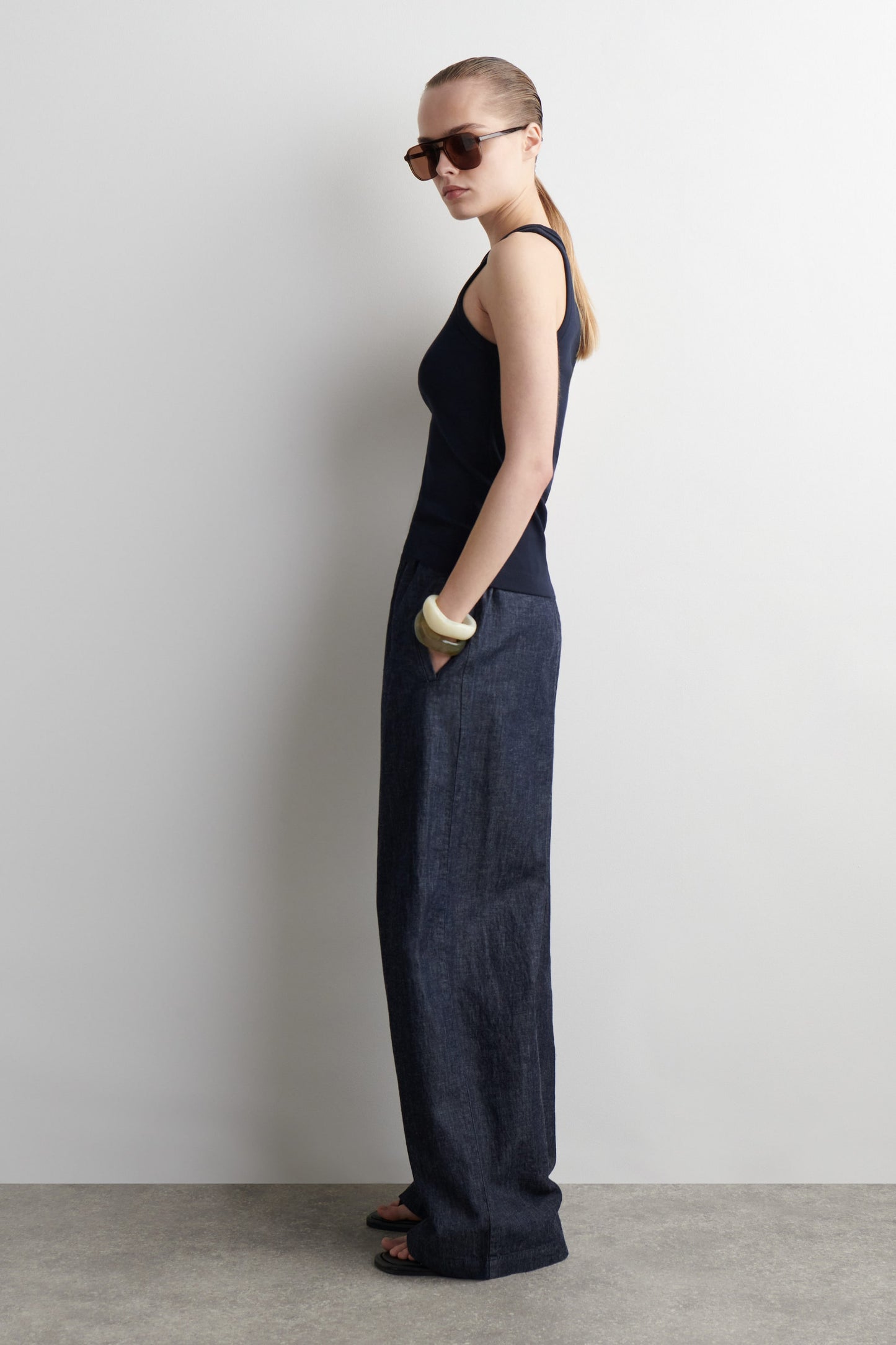 Denim wide-leg drawstring trousers