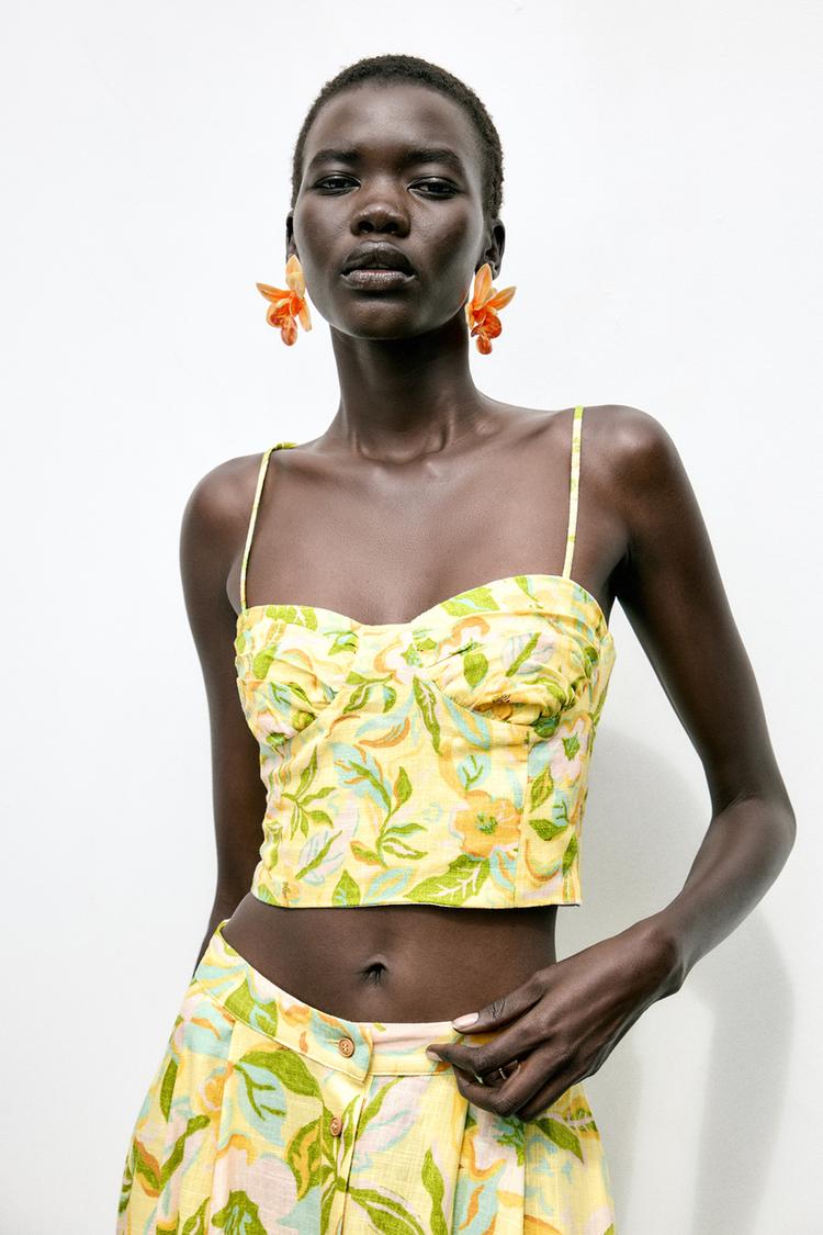 Printed Linen Blend Crop Top