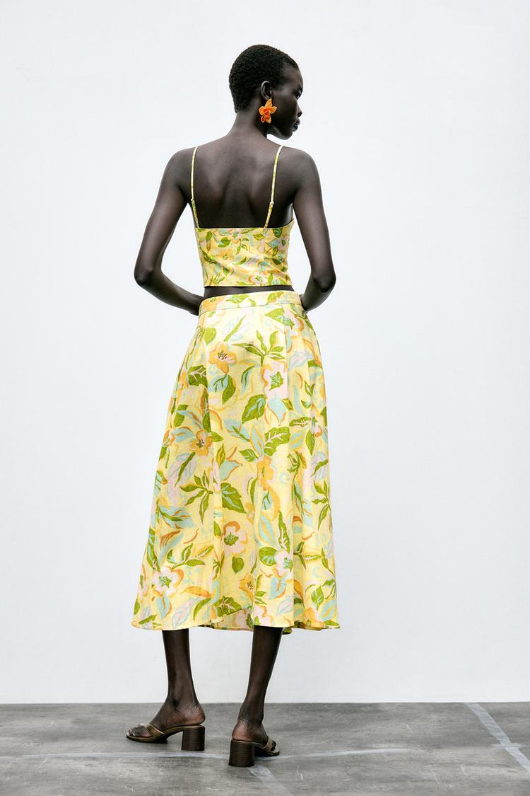 Printed Linen Blend Crop Top