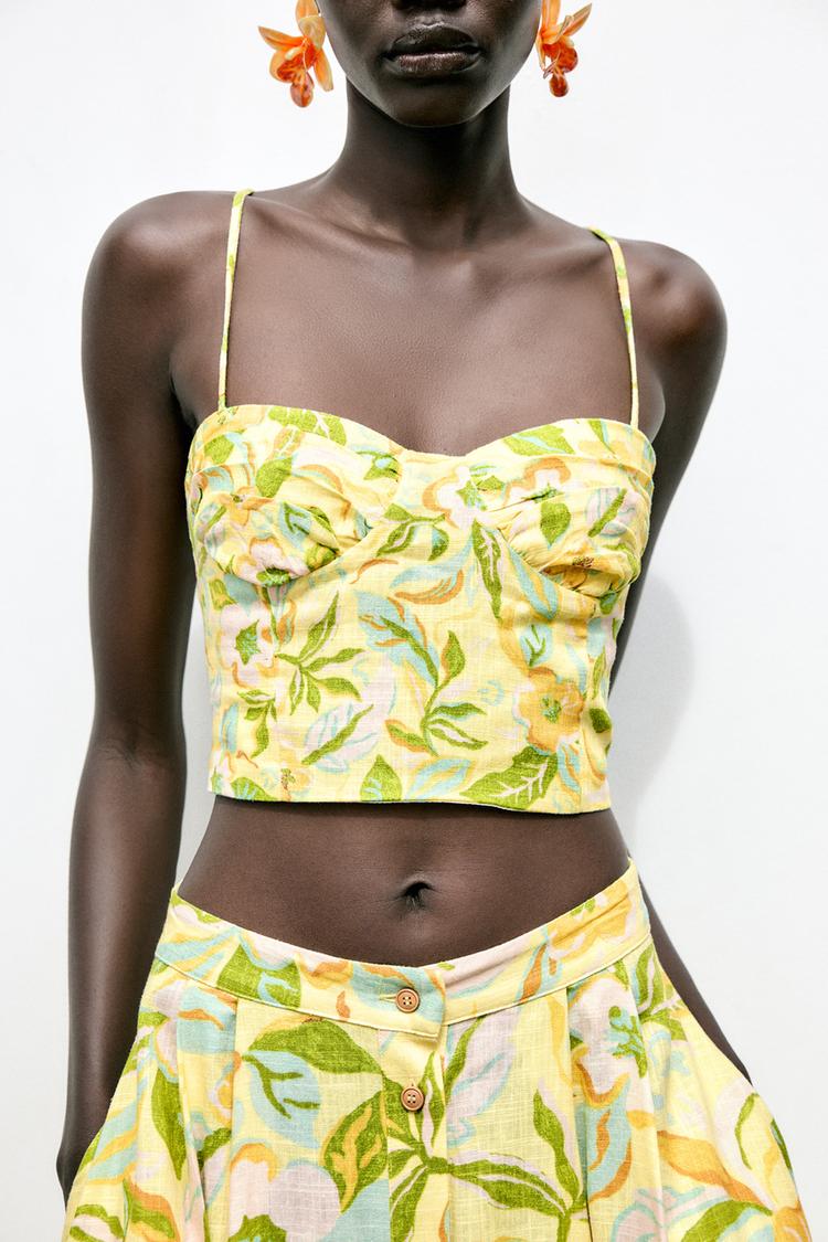 Printed Linen Blend Crop Top