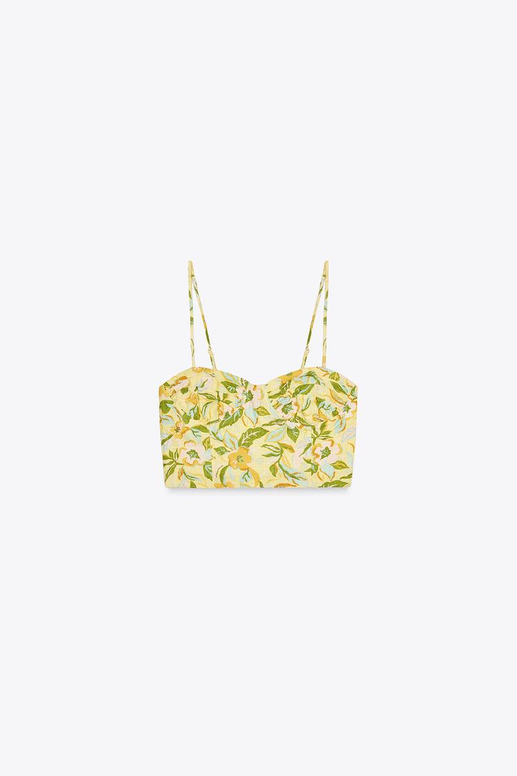 Printed Linen Blend Crop Top