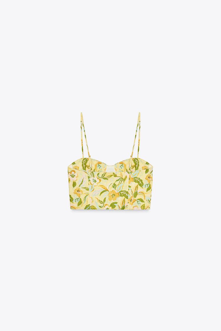 Printed Linen Blend Crop Top