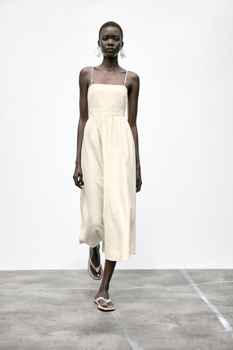 Beaded Strappy Linen Blend Midi Dress