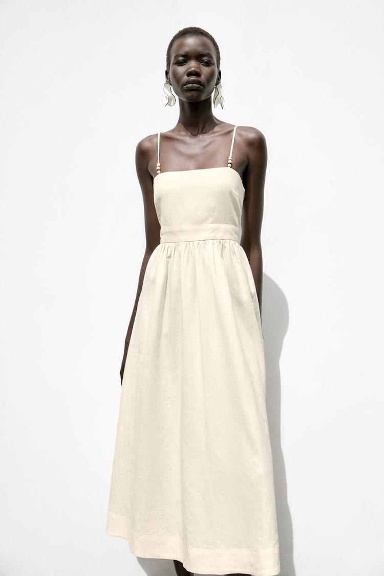 Beaded Strappy Linen Blend Midi Dress