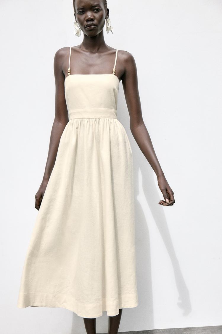 Beaded Strappy Linen Blend Midi Dress