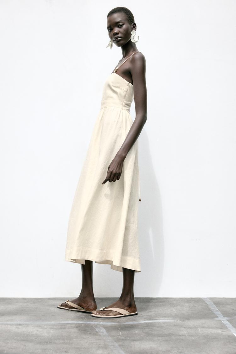 Beaded Strappy Linen Blend Midi Dress