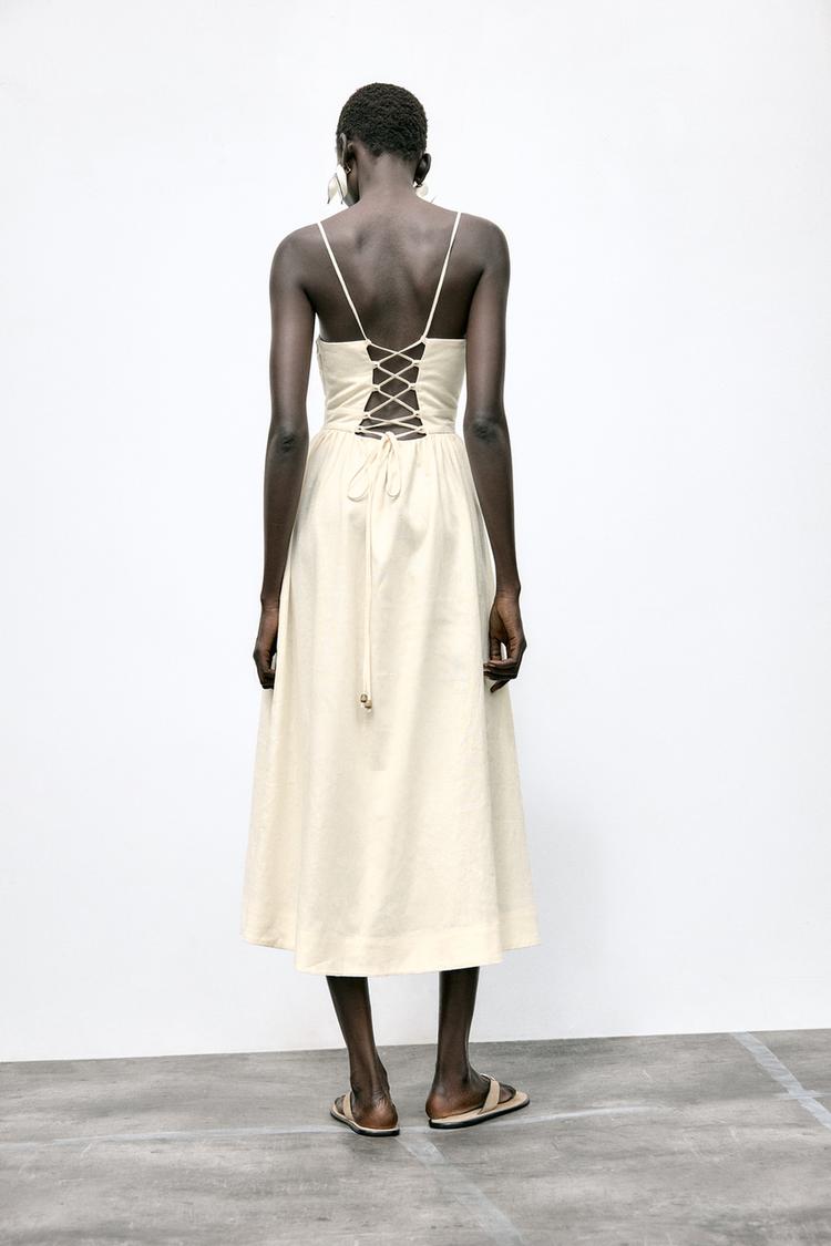 Beaded Strappy Linen Blend Midi Dress