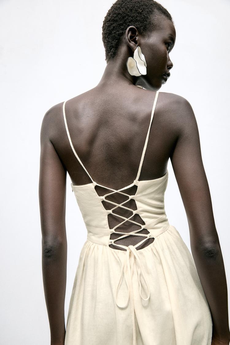 Beaded Strappy Linen Blend Midi Dress