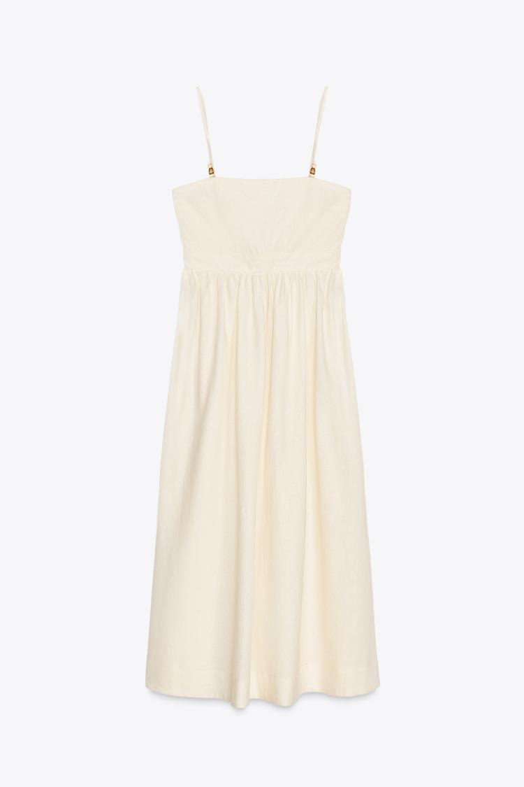 Beaded Strappy Linen Blend Midi Dress