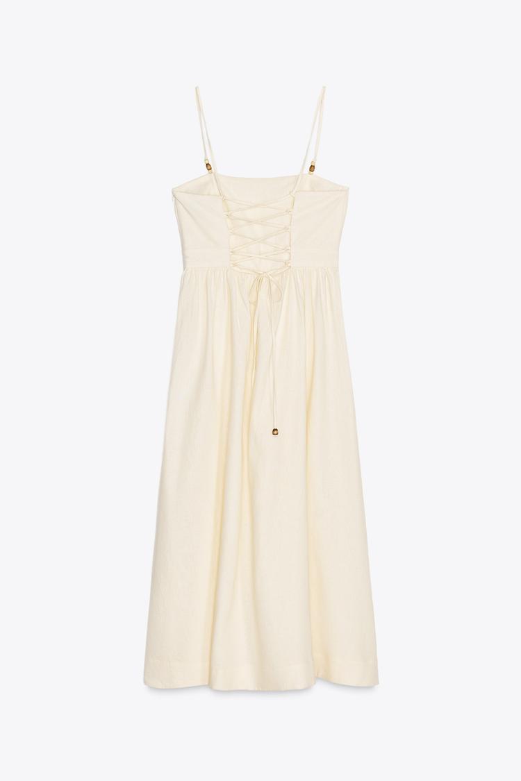 Beaded Strappy Linen Blend Midi Dress