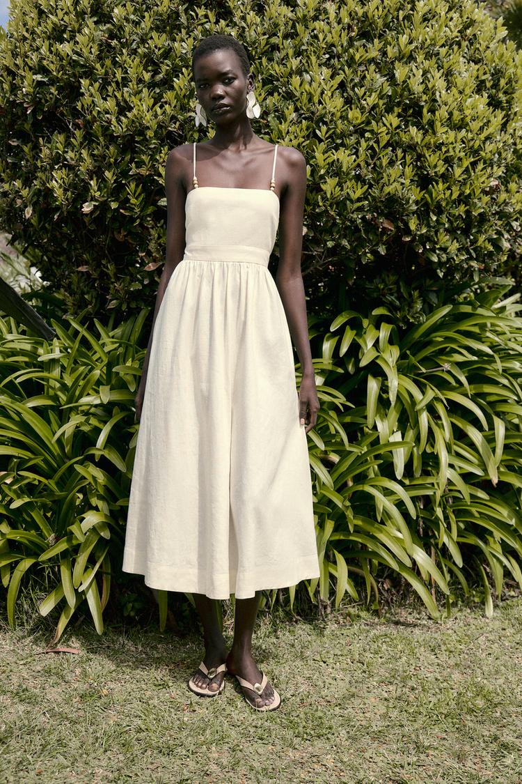 Beaded Strappy Linen Blend Midi Dress