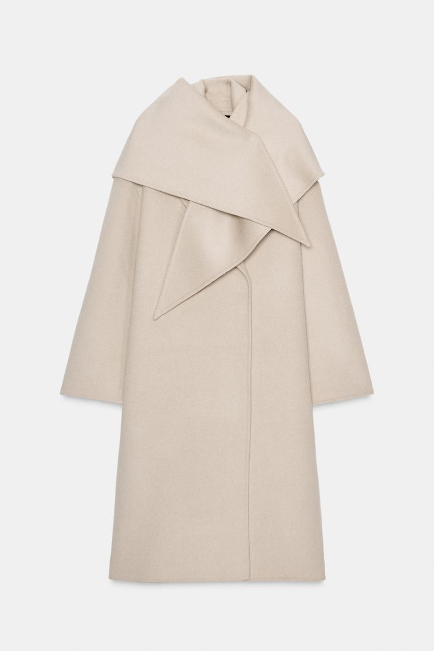 Oversized Wool Blend Coat With Scarf Zw Collection