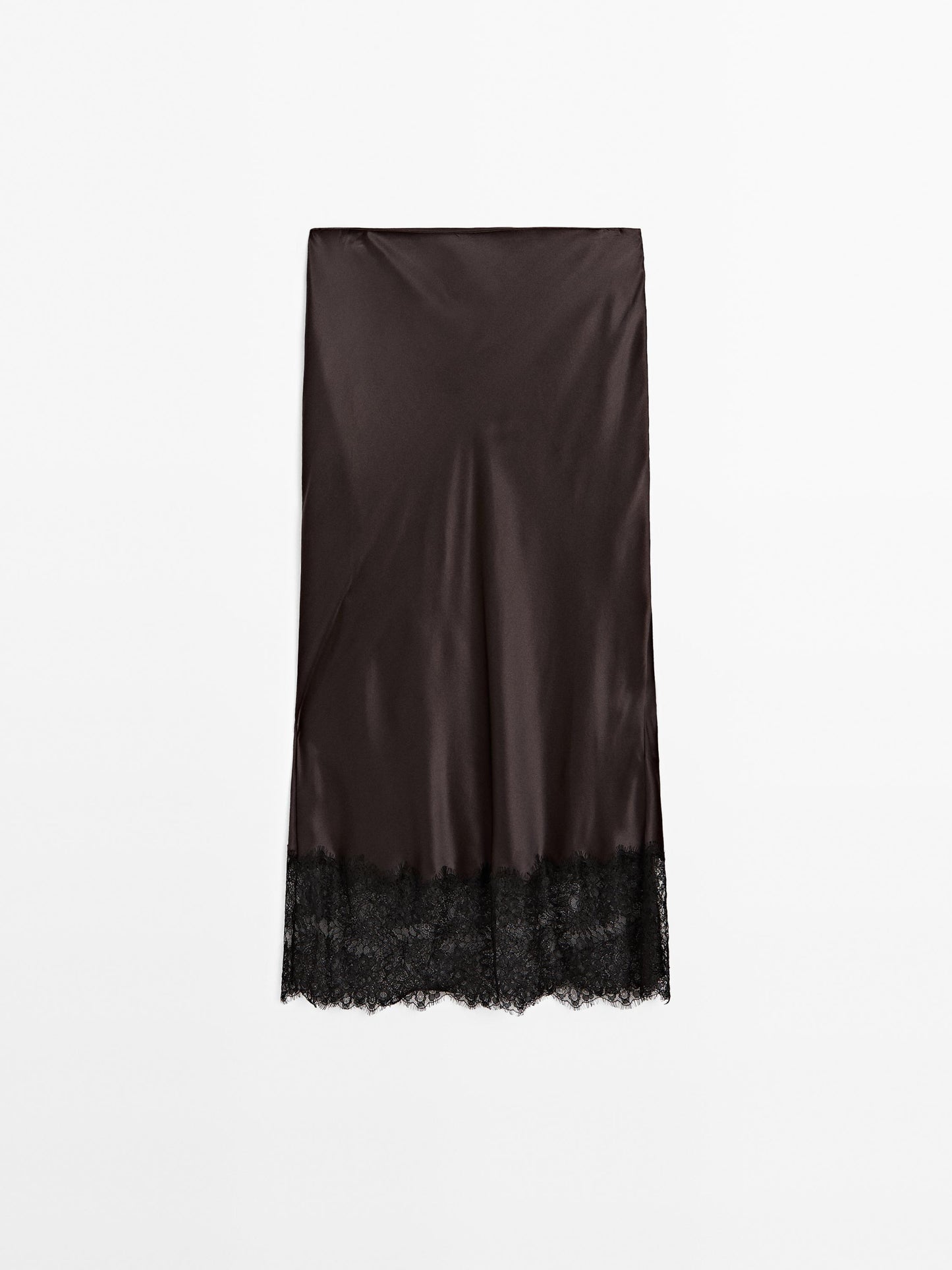 Satin lace-trimmed midi skirt