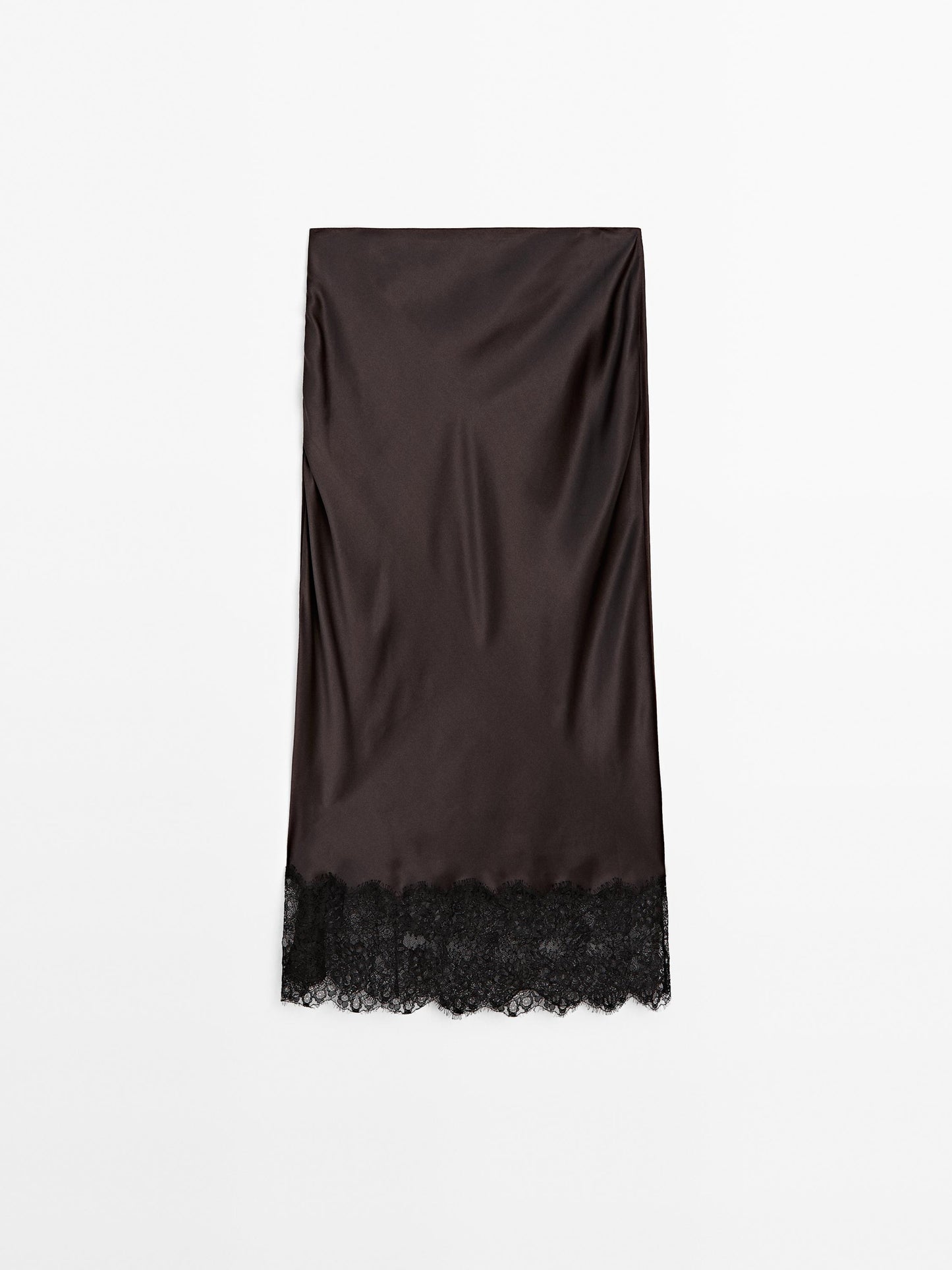 Satin lace-trimmed midi skirt