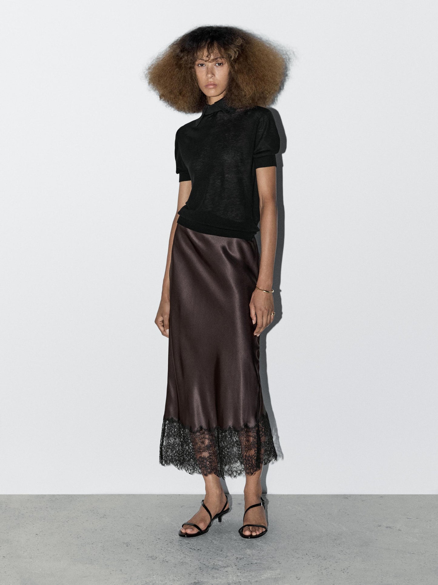 Satin lace-trimmed midi skirt