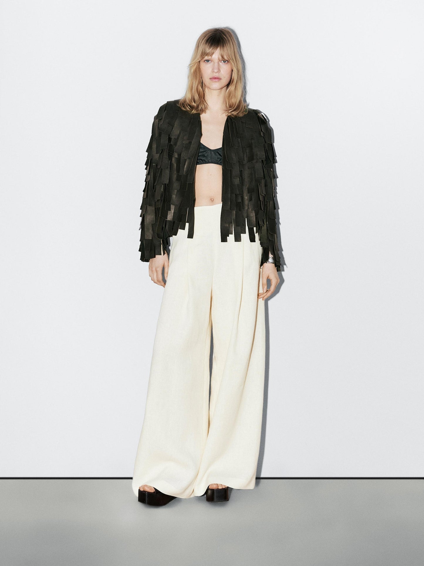 Nappa leather jacket with fringe detail