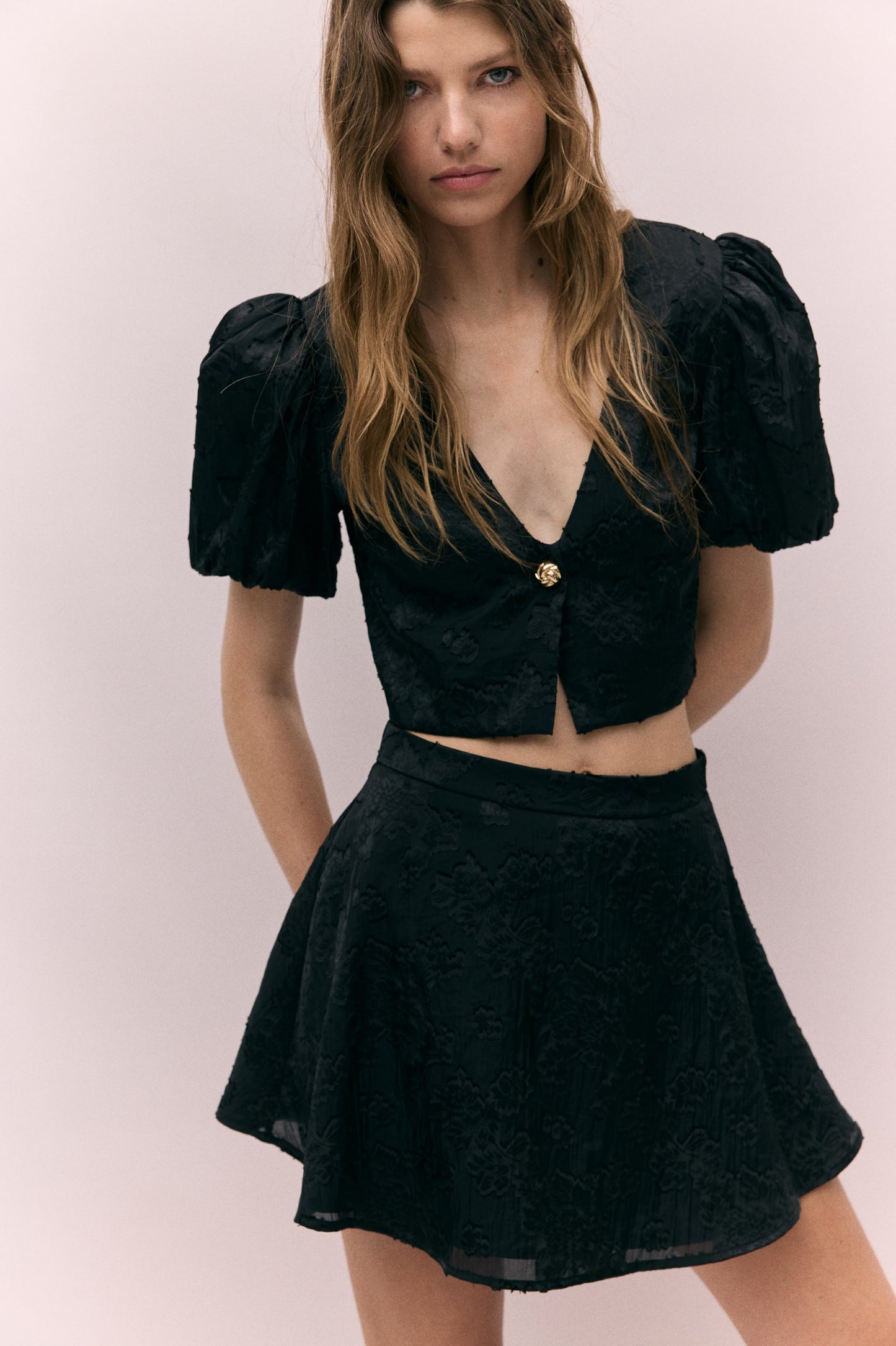 Cropped jacquard-weave blouse