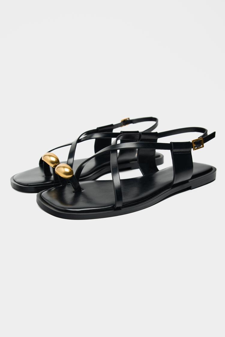 Flat Strap Sandals with Metal Adornment
