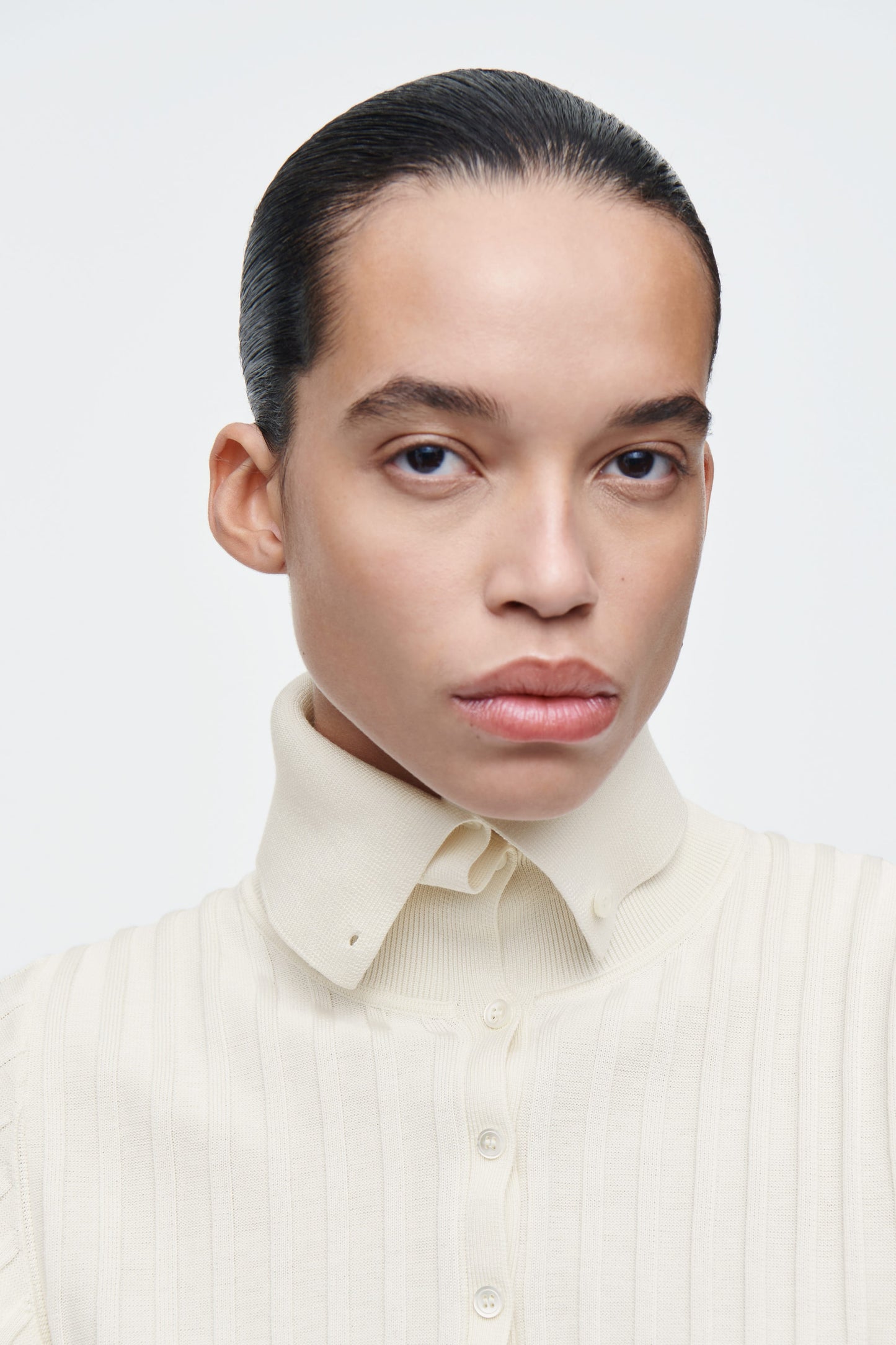 Rib-knit silk polo top