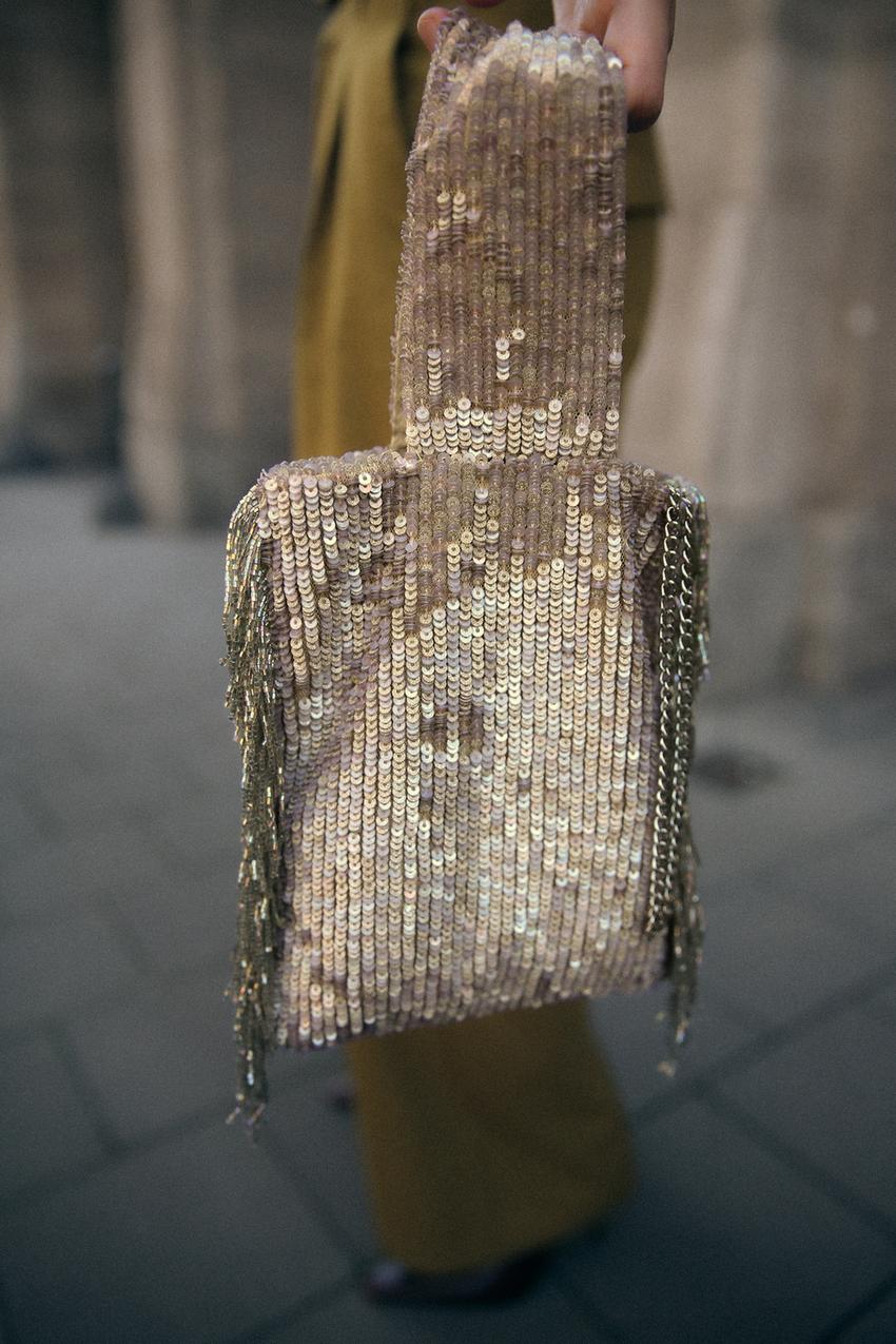Sequin fringe mini bucket bag