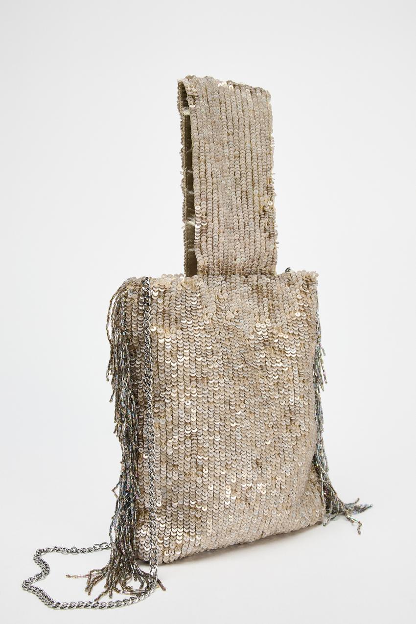 Sequin fringe mini bucket bag