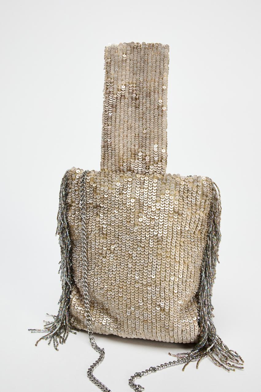 Sequin fringe mini bucket bag