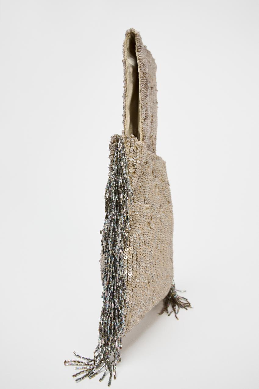 Sequin fringe mini bucket bag