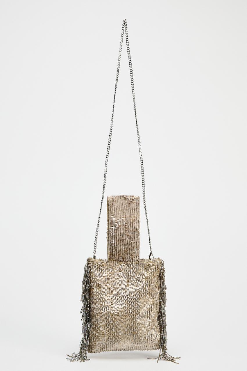 Sequin fringe mini bucket bag
