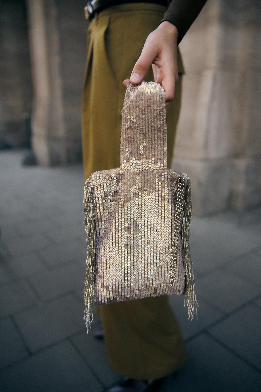 Sequin fringe mini bucket bag