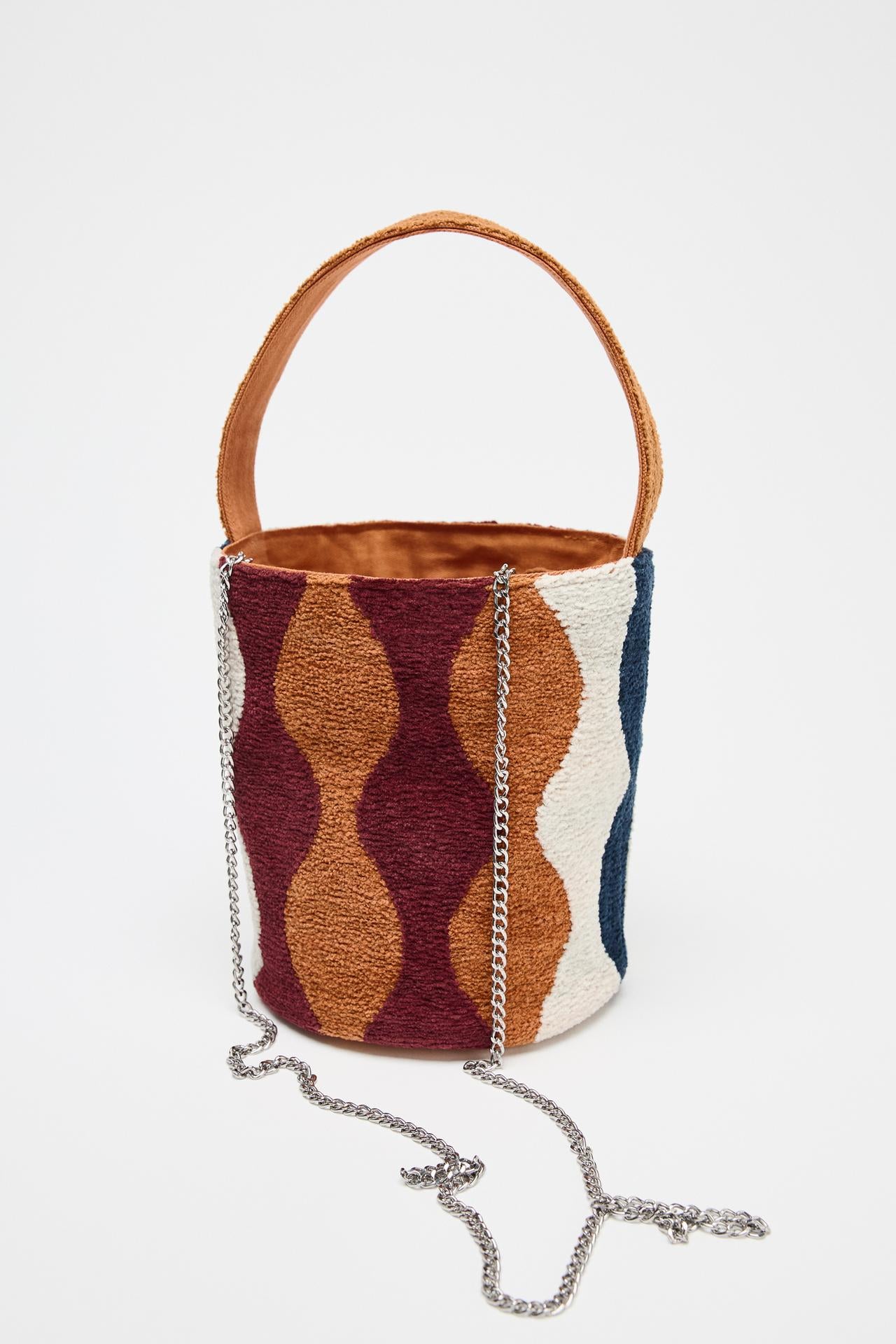 Colour-block cylindrical mini bucket bag