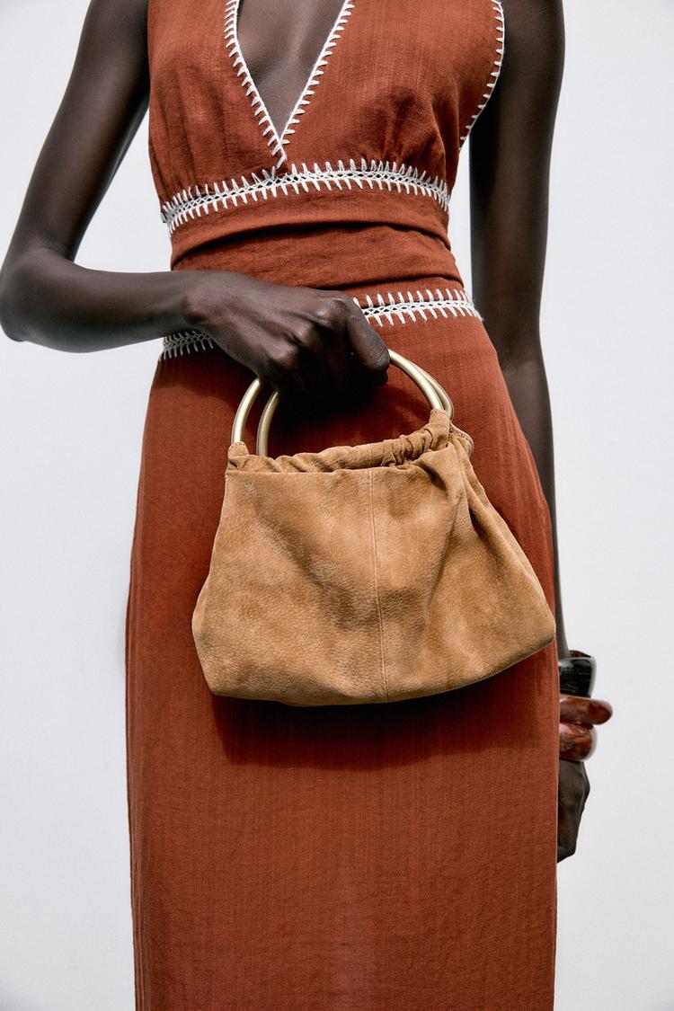 Split Suede Mini Bowling Bag with Metal Handle