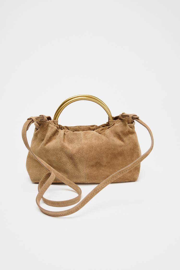 Split Suede Mini Bowling Bag with Metal Handle