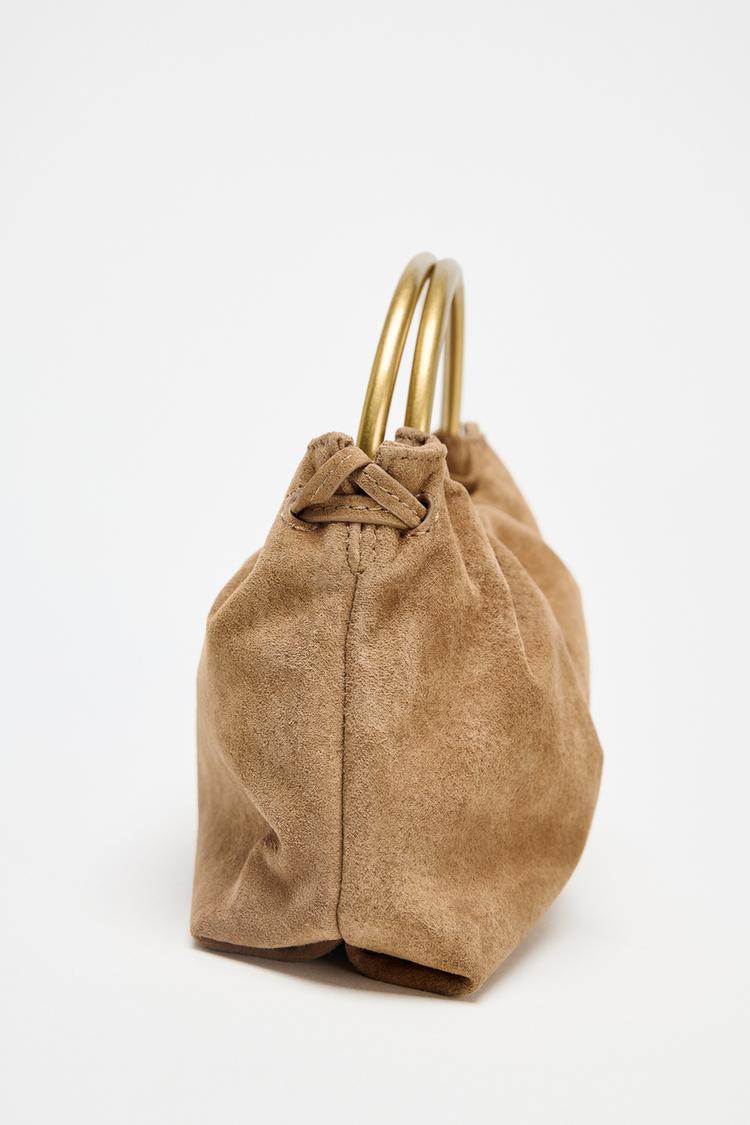 Split Suede Mini Bowling Bag with Metal Handle