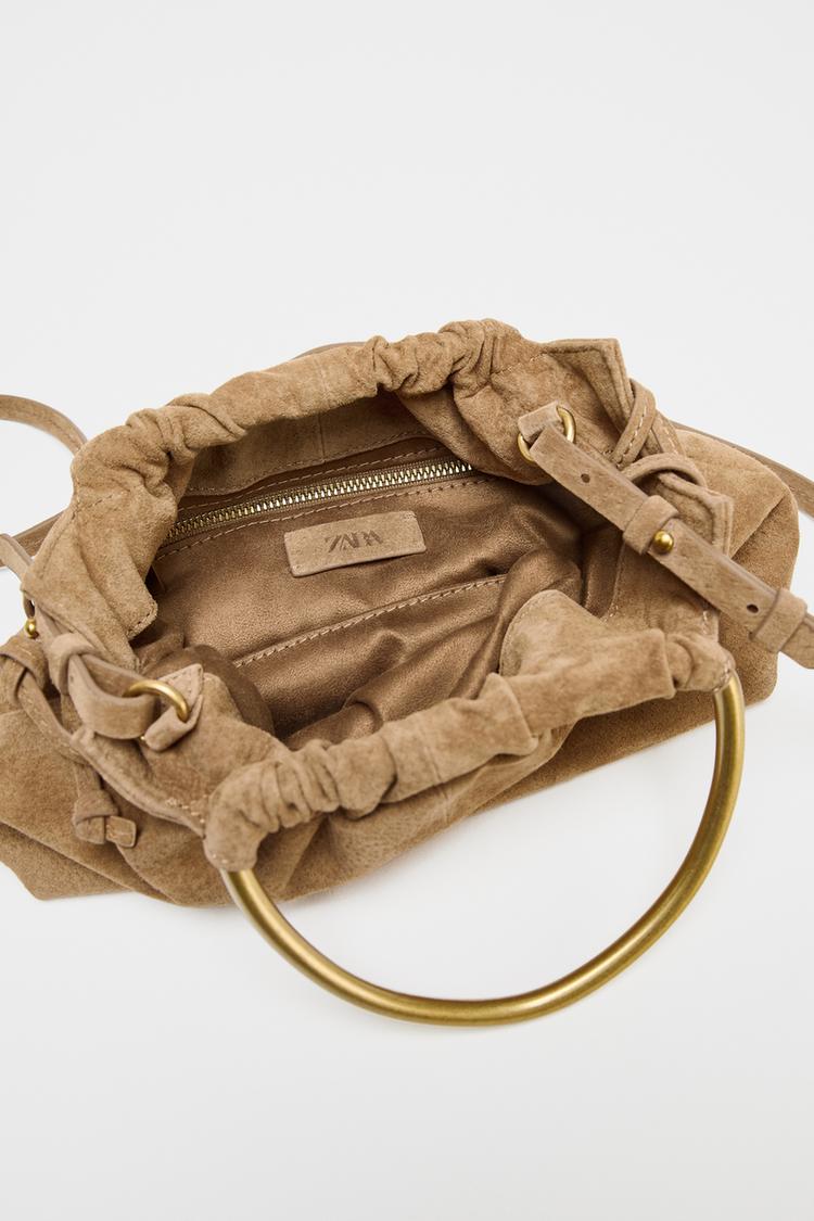 Split Suede Mini Bowling Bag with Metal Handle