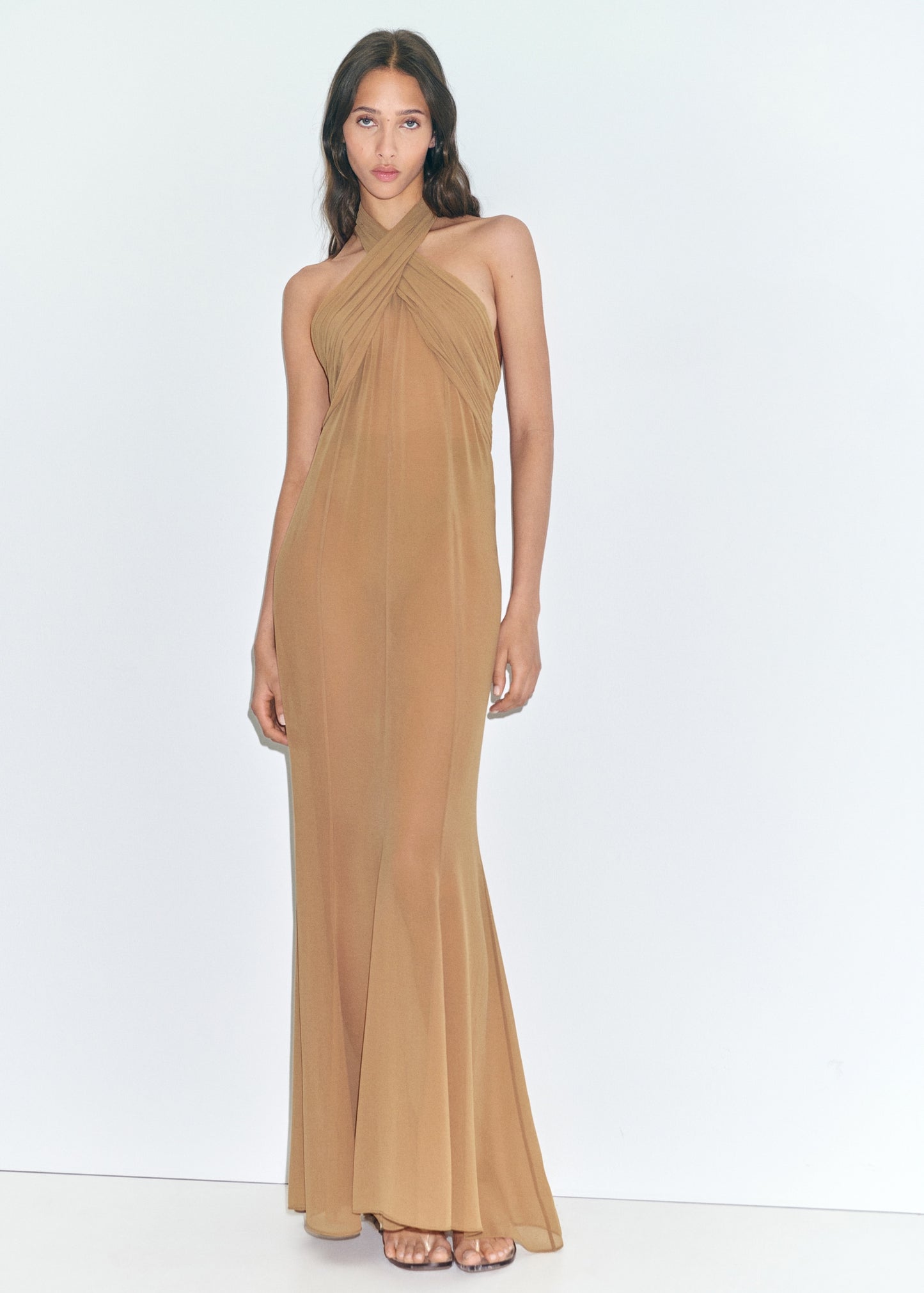 Long semi-transparent dress with crossed neckline