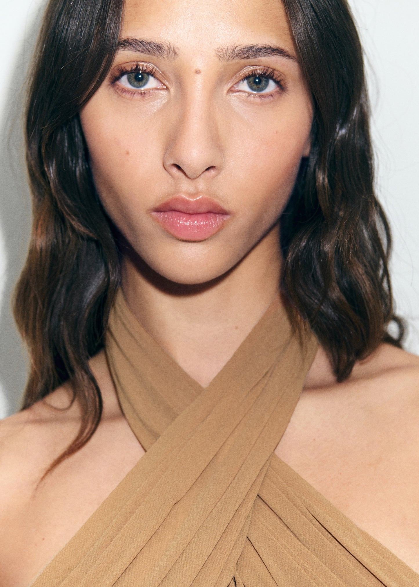 Long semi-transparent dress with crossed neckline