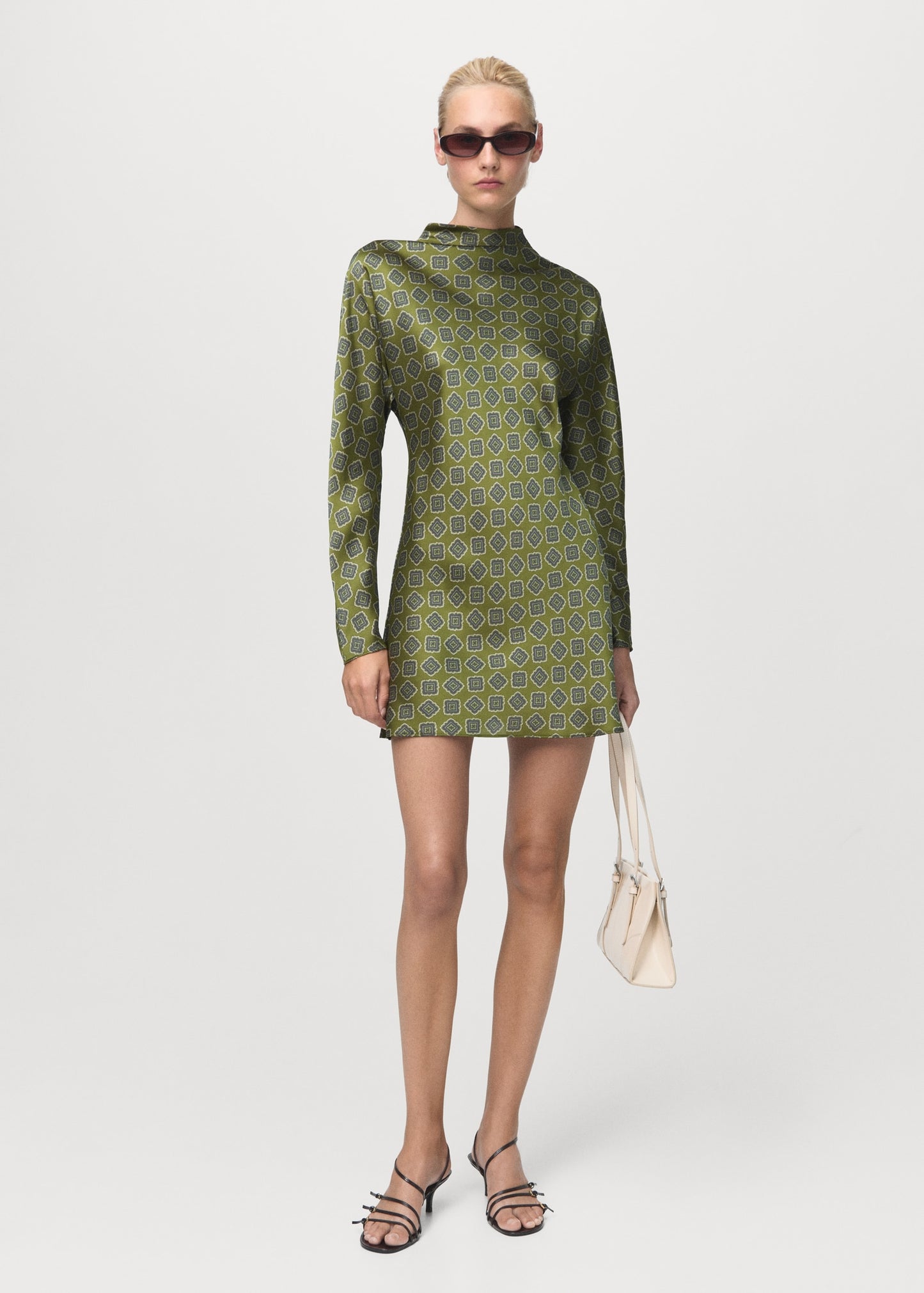 Printed satin dress with perkins collar