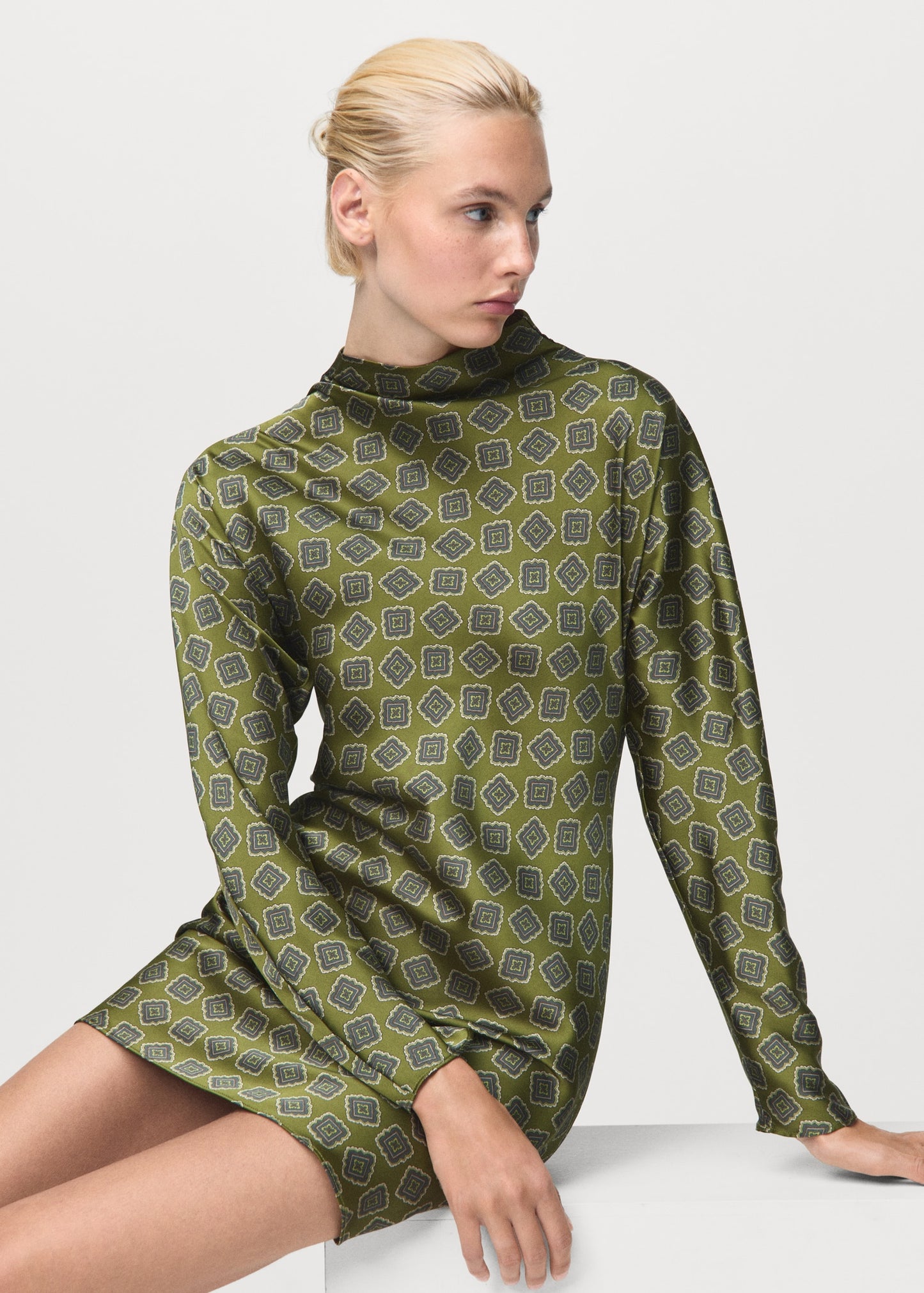 Printed satin dress with perkins collar