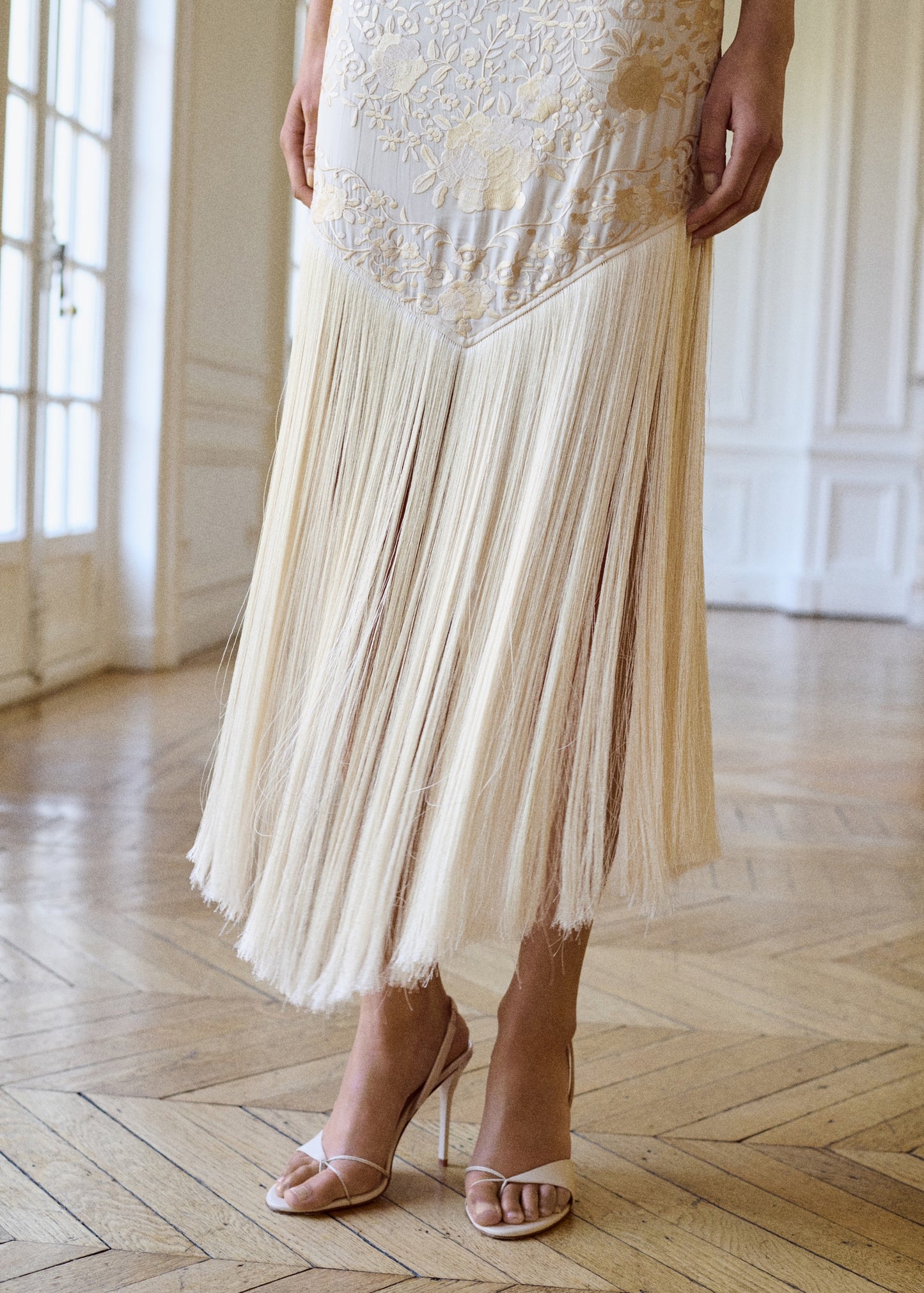 Floral-embroidered dress with fringe detail