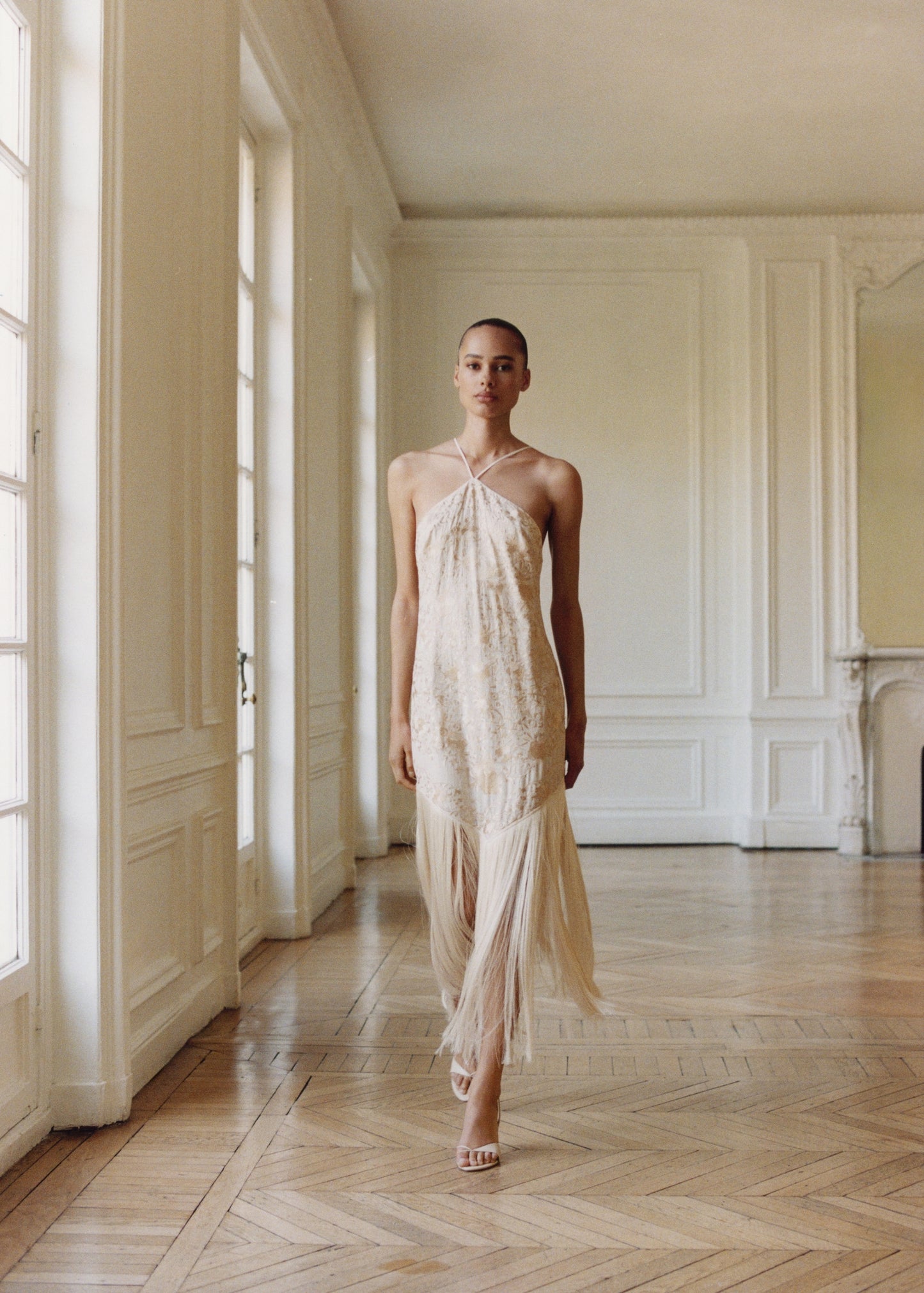 Floral-embroidered dress with fringe detail