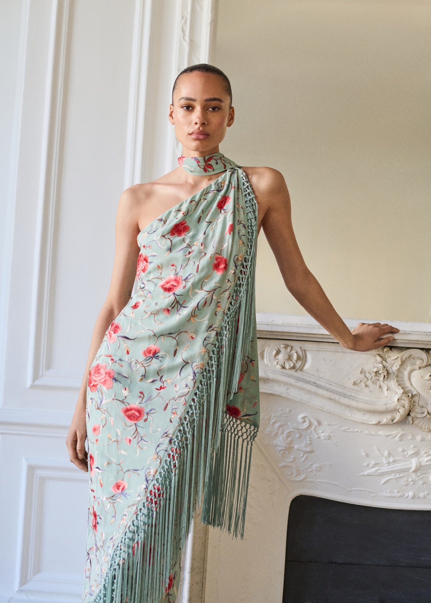Asymmetrical dress with embroidered fringes