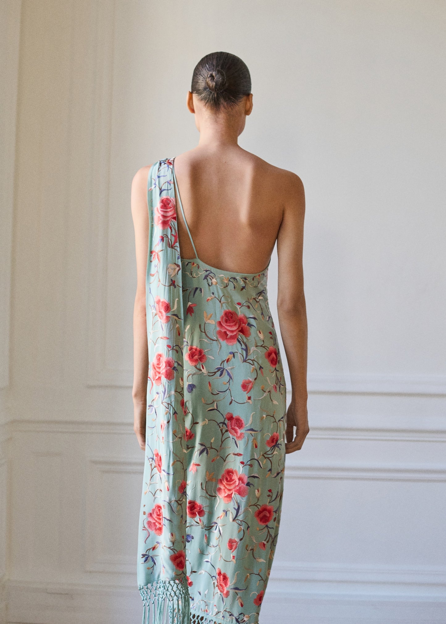 Asymmetrical dress with embroidered fringes