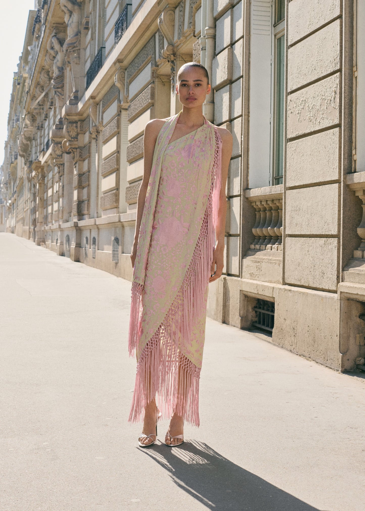 Asymmetrical dress with embroidered fringes