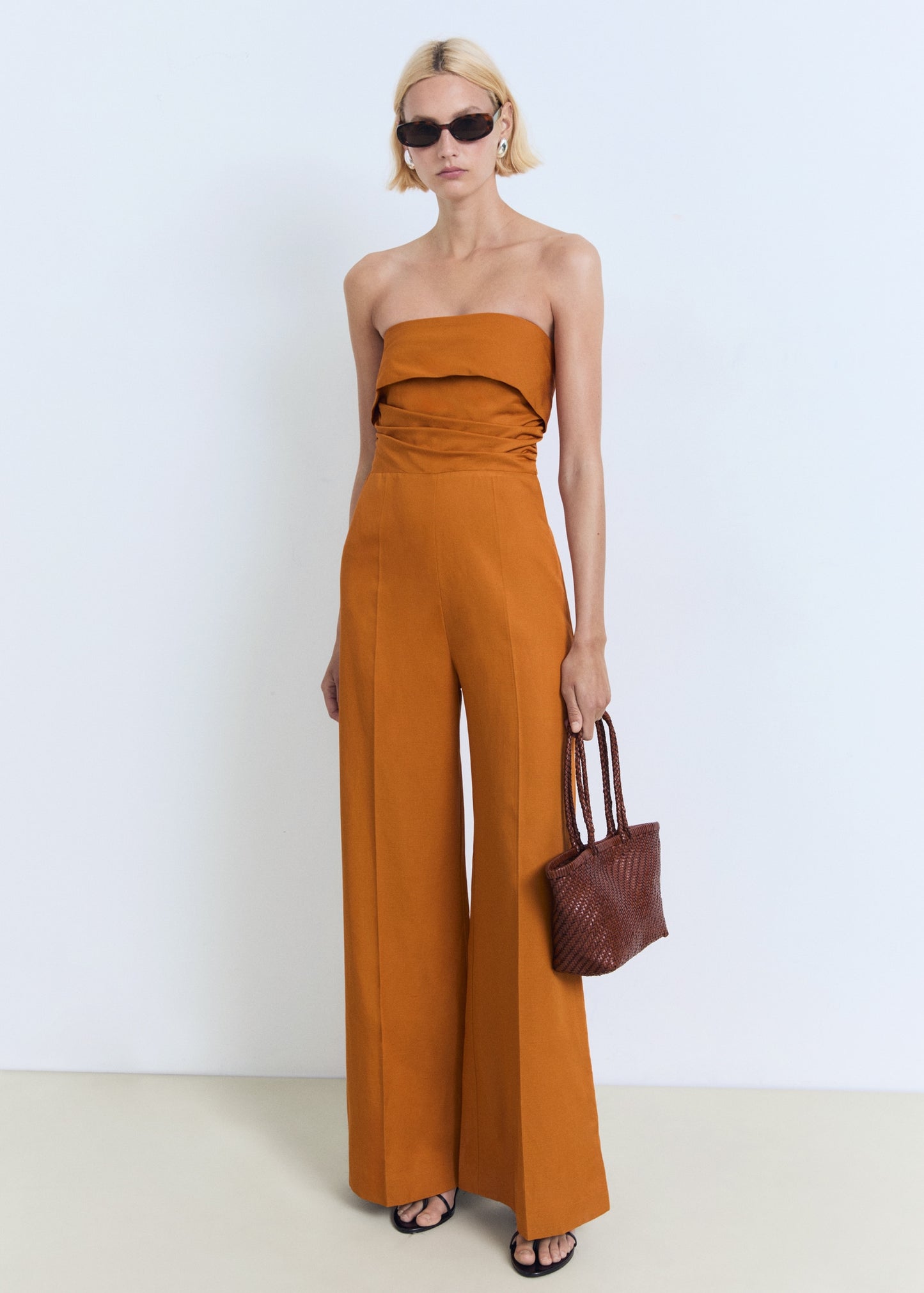 Linen blend strapless jumpsuit