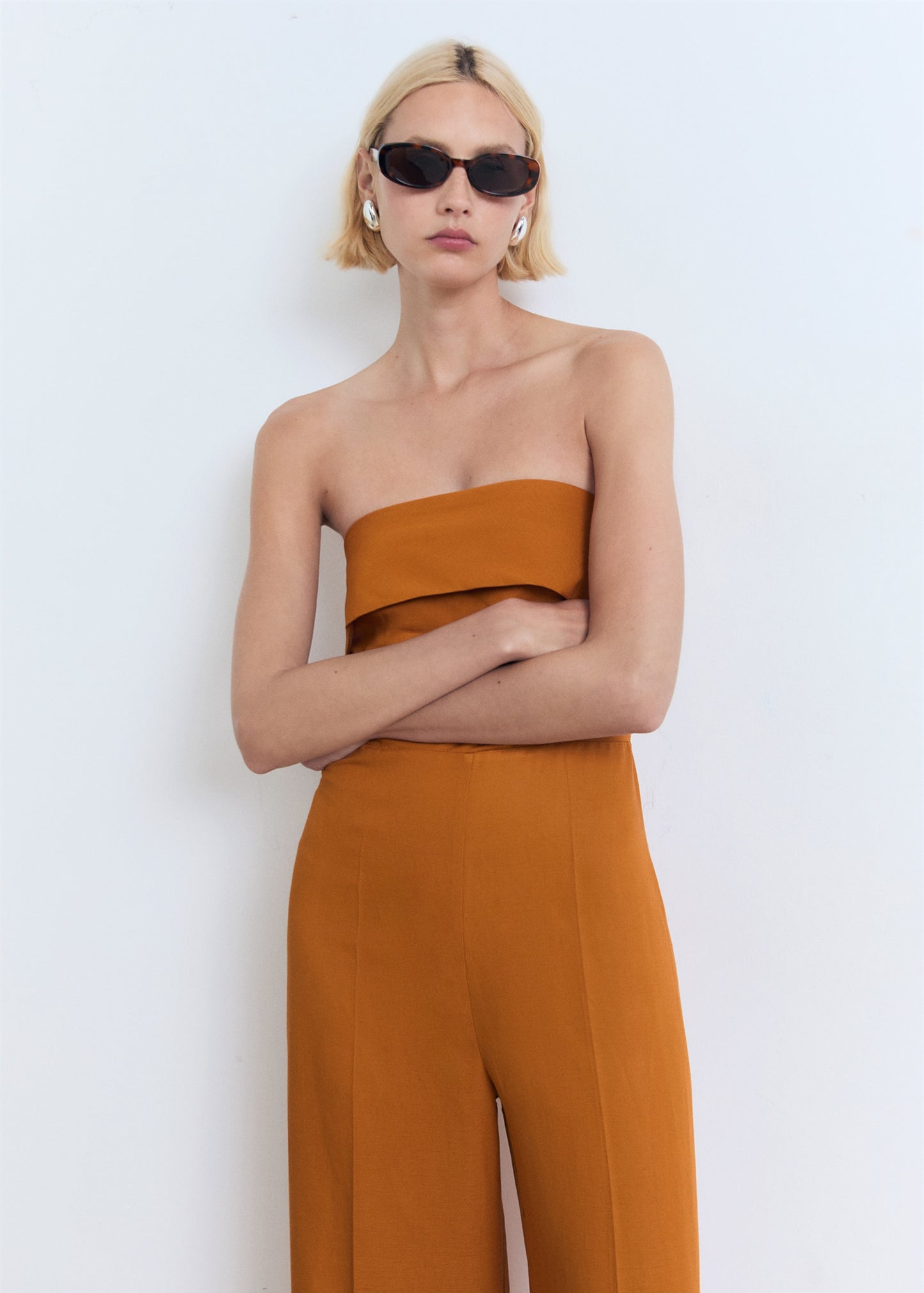 Linen blend strapless jumpsuit